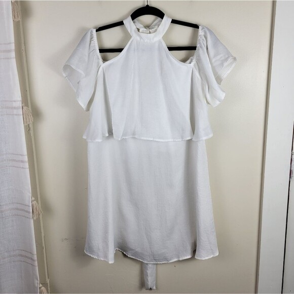 Show Me Your Mumu Solid White Kaitlin  Ruffle Tie Neck Mini Dress - Picture 3 of 12